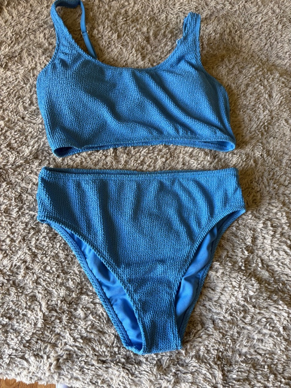 Bar III Bikini  Womens L/XL Blue Smocked Crinkle High Waist Swimsuit Excellent